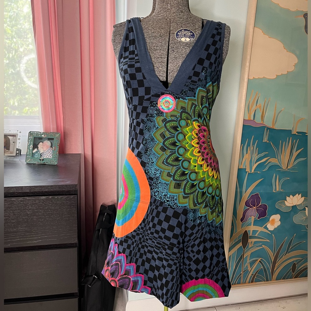 Multi color blue knee length dress